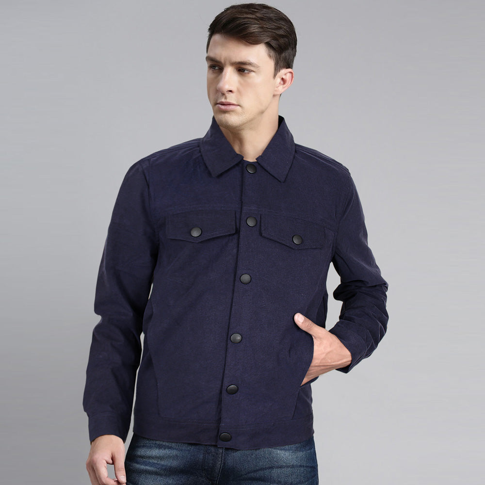 Skinny Fit collar navy bomber jacket