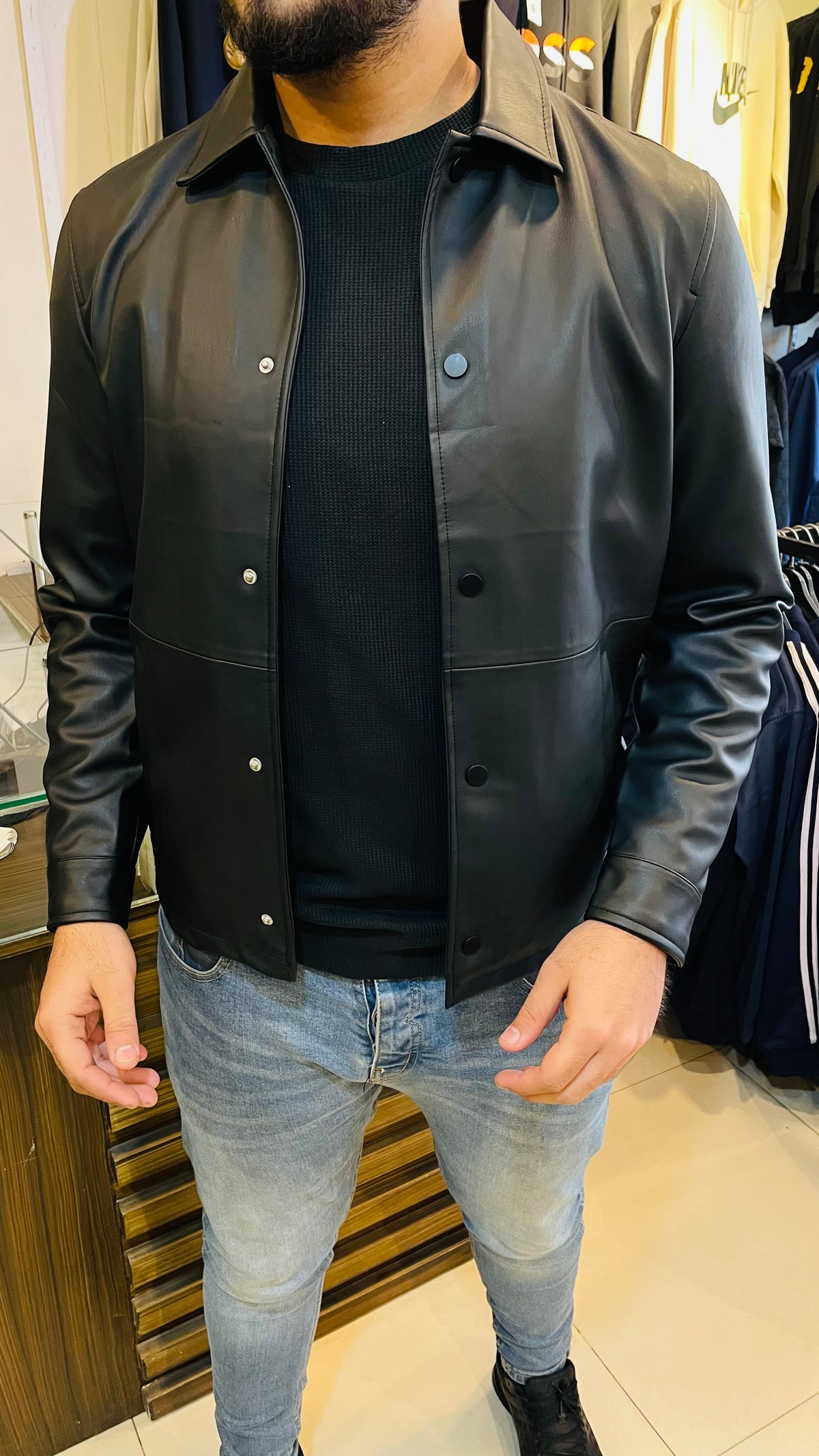 ZR faux leather black button jacket ( 00273)