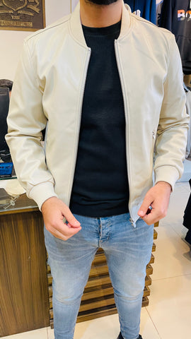 ZR faux leather white bomber jacket (00268)